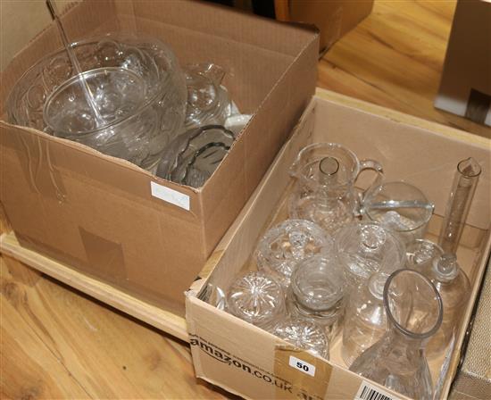 Two boxes of cut glass storage jars, punch bowls, plates etc